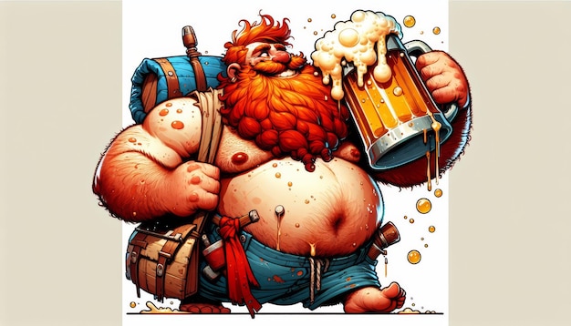 Фото Веселый мужчина с красной бородой и смешным животом пьет пиво с пеной из большой кружки