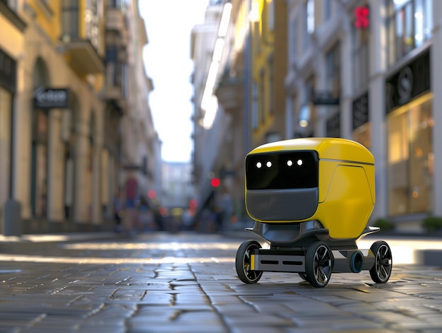 写真 愉快な黄色い自律配達ロボットが都市の舗装された通りを歩いています