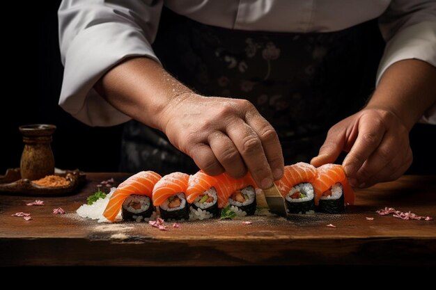 Фото Шеф-повар режет суши на деревянной доске