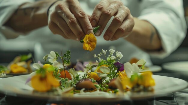 사진 요리사 가 음식판 에 꽃 을 부드럽게 놓고 있다. 요리 및 레스토랑 개념 에 이상적 이다.