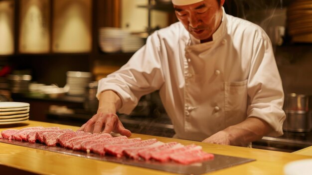 사진 샤부샤부 (shabushabu) 를 위해 소고기를 게 잘라내는 예술을 보여주는 요리사