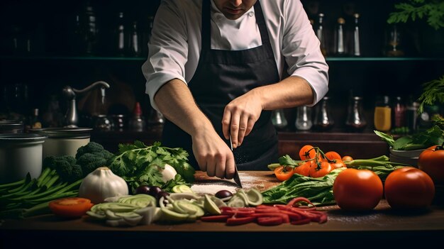 写真 熟練した新鮮な材料を切るシェフ