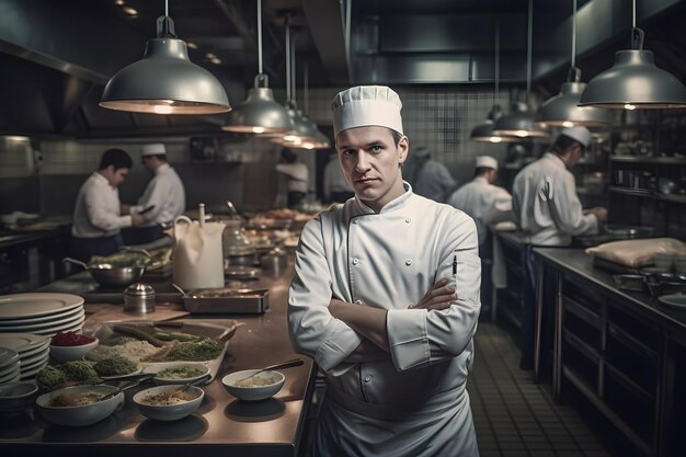 Фото Шеф-повар стоит на кухне с подносом с едой на стойке.