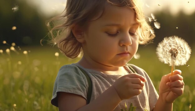 写真 シャンデリオン の 種 を 風 に 吹き飛ばし て いる 子供