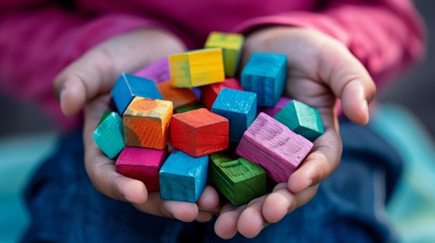 Фото Ребёнок с горсткой красочных деревянных блоков в руках