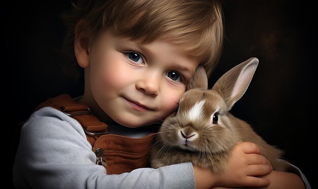 Фото Ребенок держит кролика и смотрит на камеру