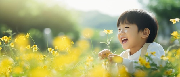 写真 花の畑にいる子供