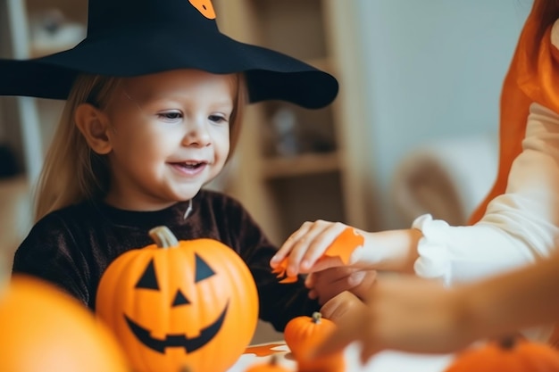 写真 ハロウィーンの衣装を着た子供がテーブルの上にカボチャを置いています。