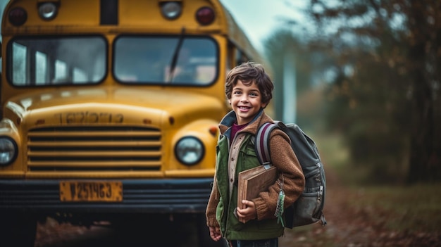 写真 学校のバスの前にある子供