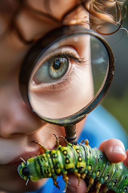 Фото Ребенок смотрит через лупу на гусеницу