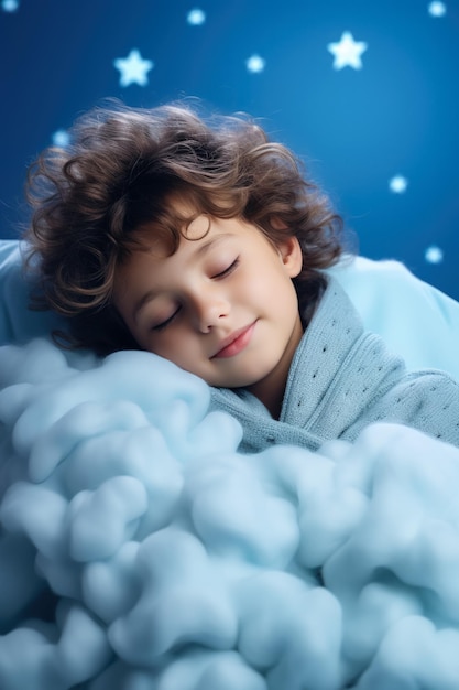 Фото Ребенок мирно спит на облачной кровати, изолированной на мягком синем фоне.