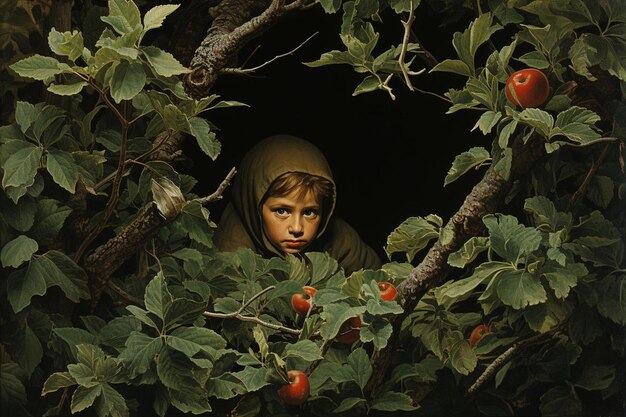 사진 사과나무 사이에서 숨어 놀고 있는 아이 최고의 사과 이미지 사진