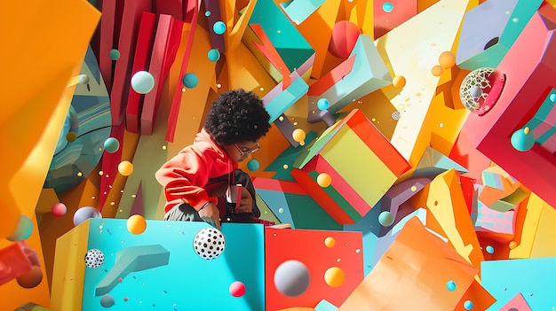 Фото Ребенок играет с красочной коробкой с множеством различных форм и цветов