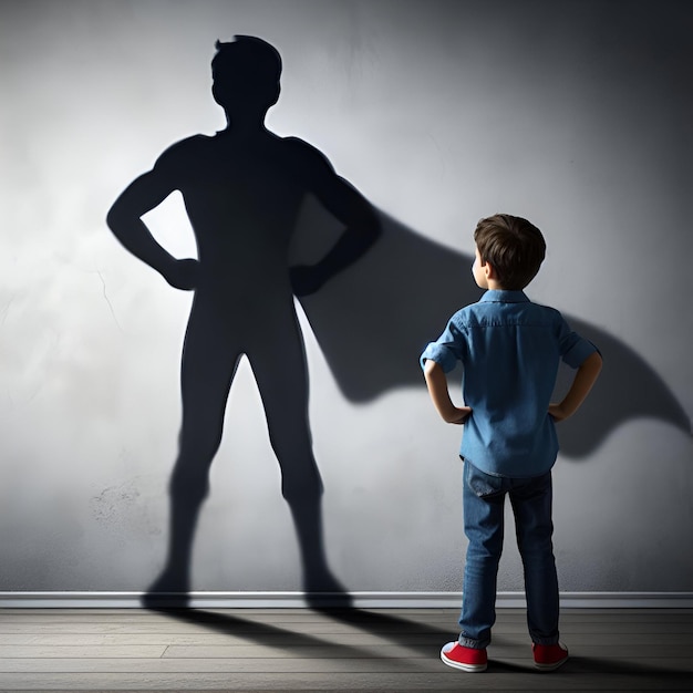 Фото Ребёнок стоит перед стеной, отражение на стене - тень супергероя.