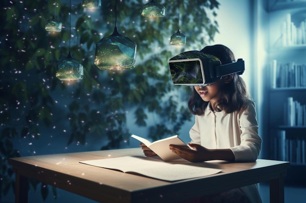 Фото Ребенок в очках виртуальной реальности сидит за столом и читает книгу