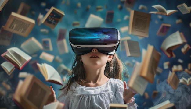 Фото Ребенок в очках виртуальной реальности, окруженный плавающими заголовками книг, которые создают 3d-мир обучения