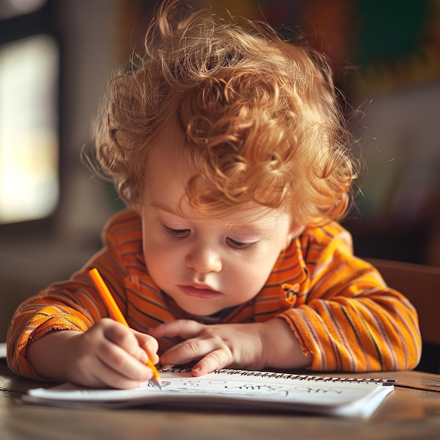 Фото Ребенок с кудрявыми красными волосами сидит за столом с книгой, написанной посередине