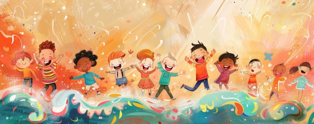 写真 笑いの波が一人のキャラクターから次のキャラクターに喜んで広がっていることを示す子供の本のイラスト