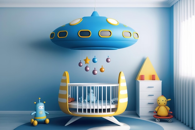 사진 세 개의 창문과 함께 밝은 색으로 ufo 테마의 장식으로 어린이 방 인테리어 generative ai