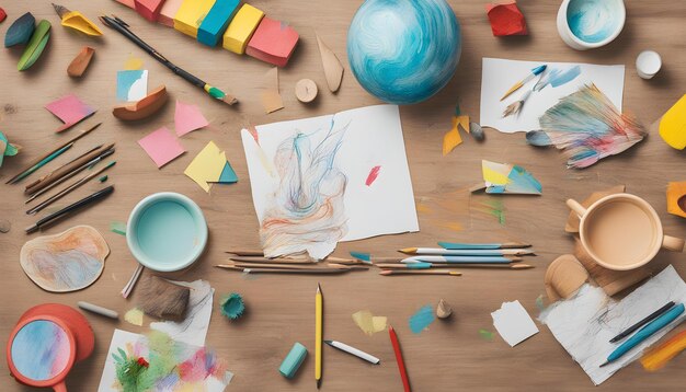 Фото Рисунок ребенка на деревянной поверхности с карандашом и бумагой