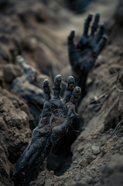 사진 땅에서 어나오는 좀비 손의 냉소적인 이미지 할로윈 프로젝트에 완벽합니다.