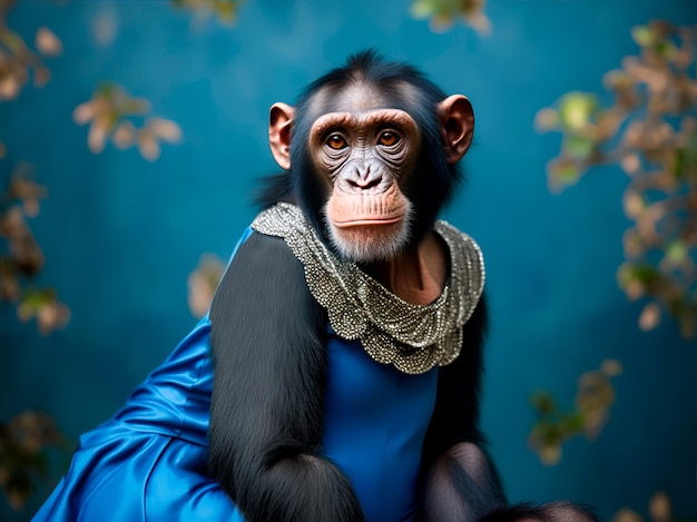 Фото Шимпанзе, смотрящий на камеру, одетый в синий и серый на синем фоне