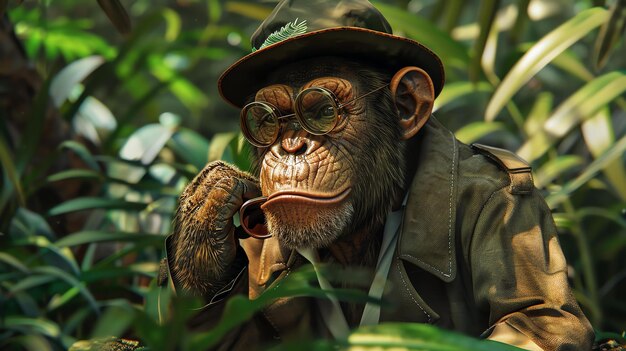 사진 모자와 안경을 입은 침팬지가 정글에서 파이프를 피우고 있습니다. 그는 호기심 많은 표정으로 카메라를 바라보고 있습니다.