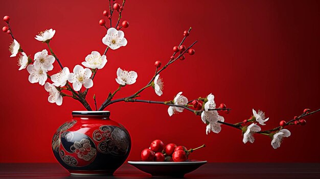 写真 赤い背景の鉢と花の中国の新年装飾