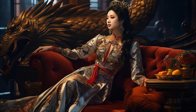 Фото Китайская женщина в традиционной китайской одежде с черными волосами