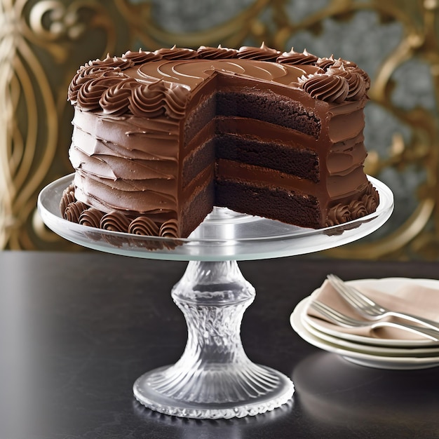 Фото Шоколадный торт с отсутствующим кусочком стоит на подставке для тортов.