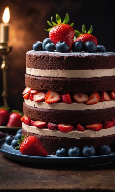Фото Шоколадный торт с клубницами на вершине