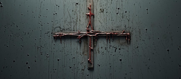 Фото Христианский крест, созданный с помощью ржавых гвоздей с каплями крови на сером фоне.