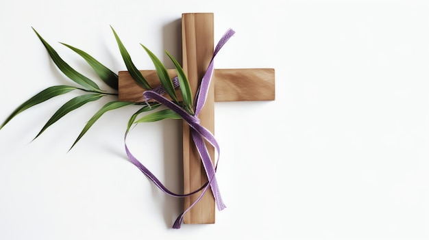 写真 宗教的な祝日として緑のヤシの葉を持つキリスト教の木製の十字架の十字架の看板 ヤシの日曜日のイベント