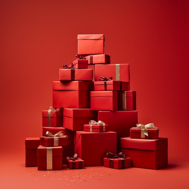 Фото Рождественские украшения красные подарочные коробки на изолированном красном фоне