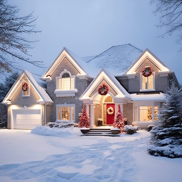 写真 冬の休暇のために雪とクリスマスツリーを装飾したクリスマスハウス クリスマスハウス