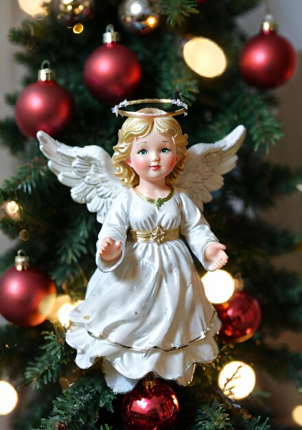 Фото Ангел на рождественской елке с высоким углом камеры