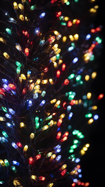 Фото Рождественская елка, украшенная красочными огнями на темном фоне боке generative ai