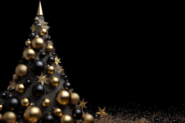 写真 黒の背景に金の星と金の星が付いたクリスマス ツリー