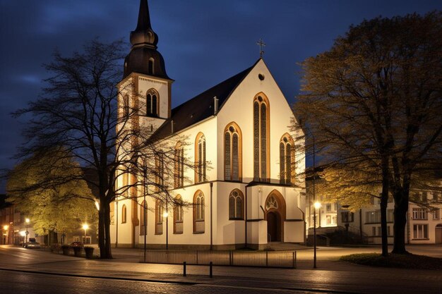 写真 明かりが灯る夕方の教会