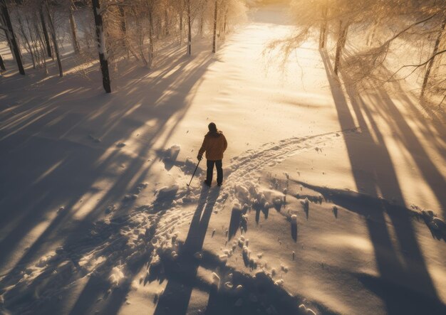 写真 柔らかい金色の太陽の光で冬の不思議な国で雪を剥がしている人の映画的なショット