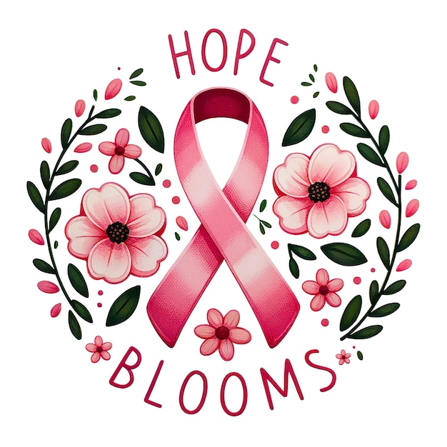 사진 분홍색 유방암 인식 리본이 있는 원형 디자인 hope blooms가 리본을 장식합니다.