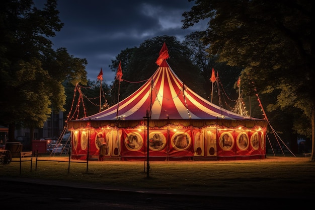 写真 公園で夜に照らされたサーカスのテント