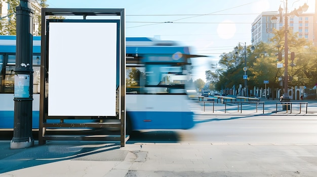 写真 広告のための空の都市広告板のモックアップと,ジェネレーティブaiを通る青いバス