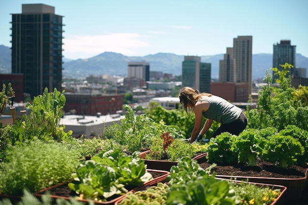 Фото Городской сад на крыше с людьми, собирающими свежие продукты и травы
