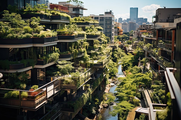 写真 緑の植物を植えた建物のある都市