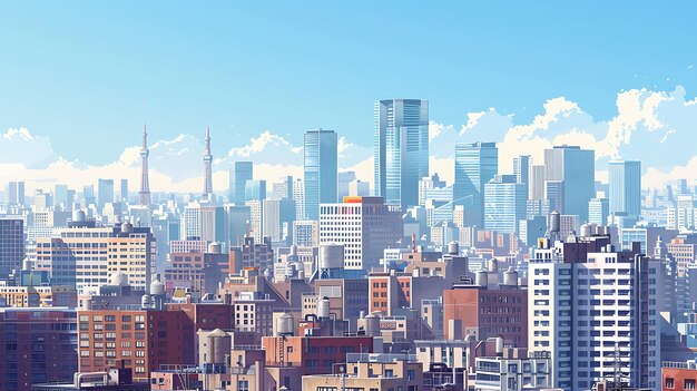 写真 a cityscape of a large modern city with skyscrapers and a blue sky