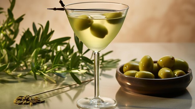 Photo a_classic_martini_glass_with_an_olive_skewered_on_a