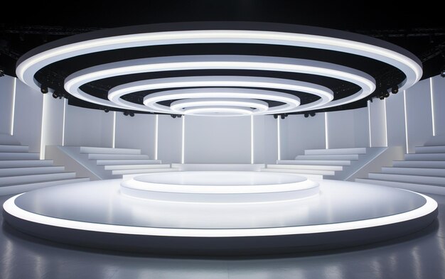 写真 下の照明と天井が満たされたきれいな空白の円形のステージ