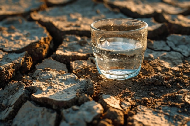 写真 水で満たされた透明なグラスは,乾燥した土の上に座って,水分と干ばつとの明確な対照を強調しています