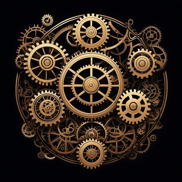Фото a close up of a black and gold clock with gears on it39s face and dials on the inside of the clock